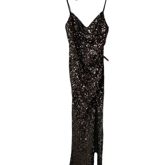 Ieena Mac Duggal Bronze Black Sequin Gathered Waist Gown Size 4 $398 - Picture 5 of 7